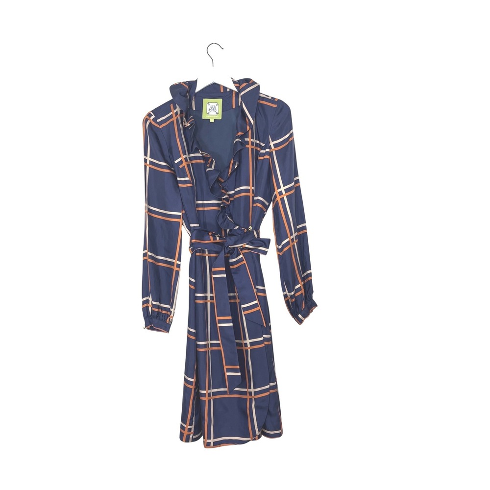 Elizabeth McKay Navy Plaid Ruffle Silk Wrap Dress Orange Windowpane Midi Size 6